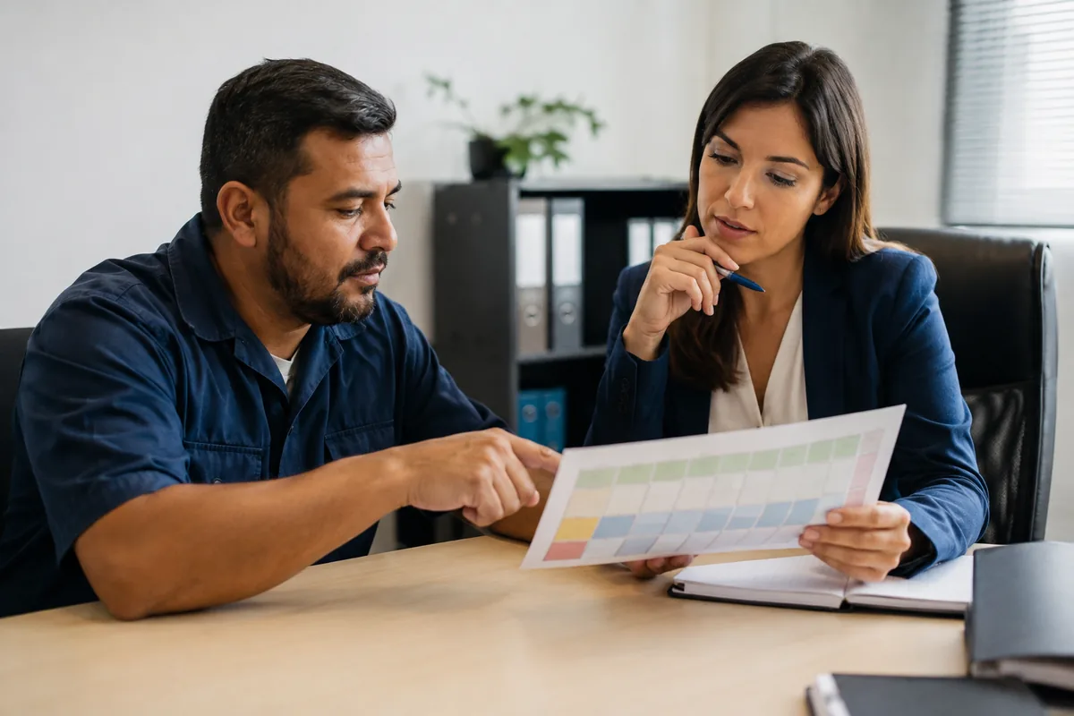 Trabalhador e profissional revisando calendário de compensação