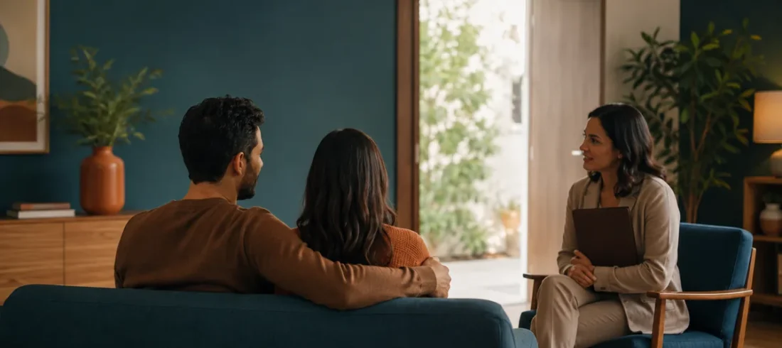 Casal conversa com profissional durante preparação para adoção