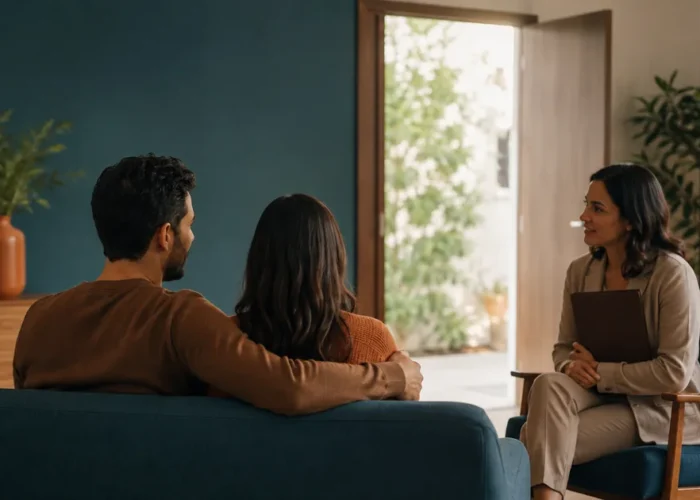 Casal conversa com profissional durante preparação para adoção