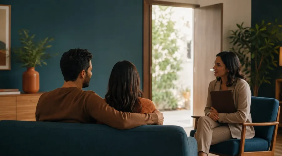 Casal conversa com profissional durante preparação para adoção