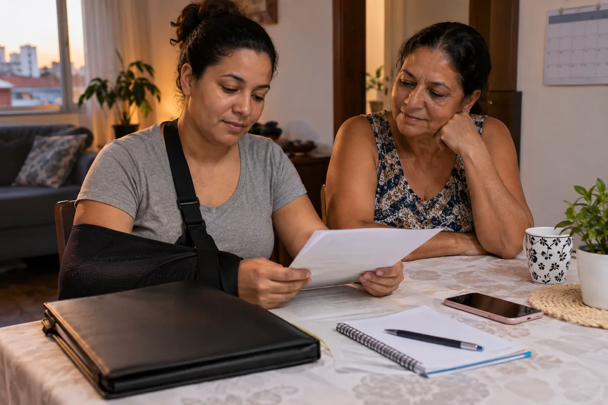 Trabalhadora organiza documentos de benefícios durante recuperação