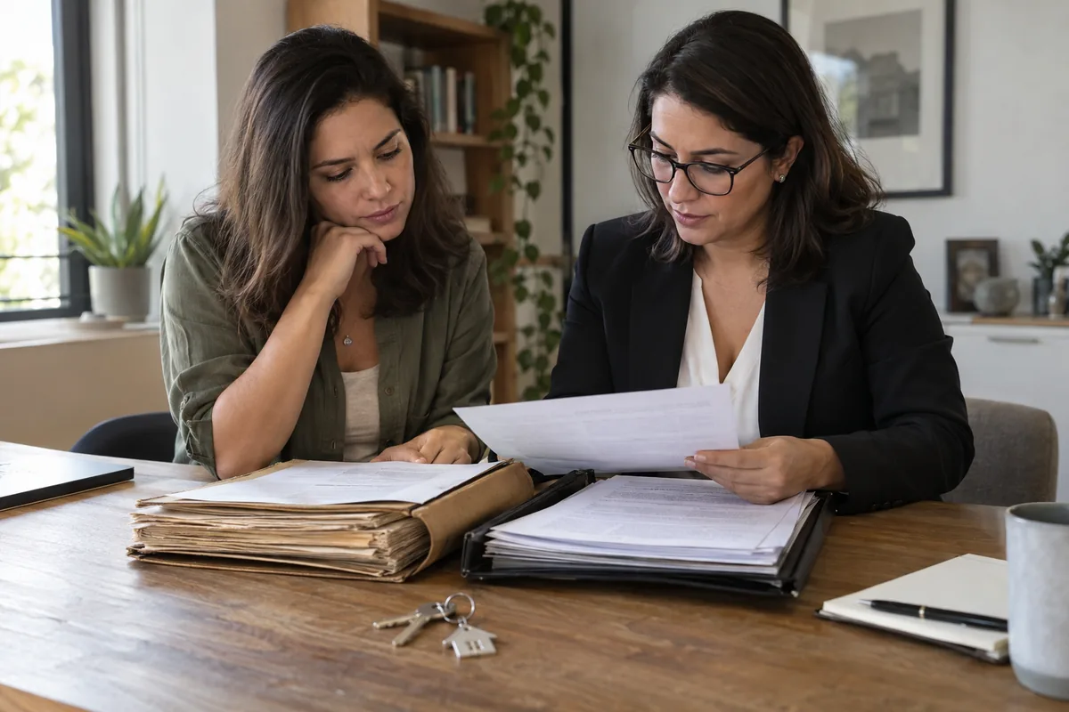 Cliente e advogada comparam documentos patrimoniais antigos e recentes