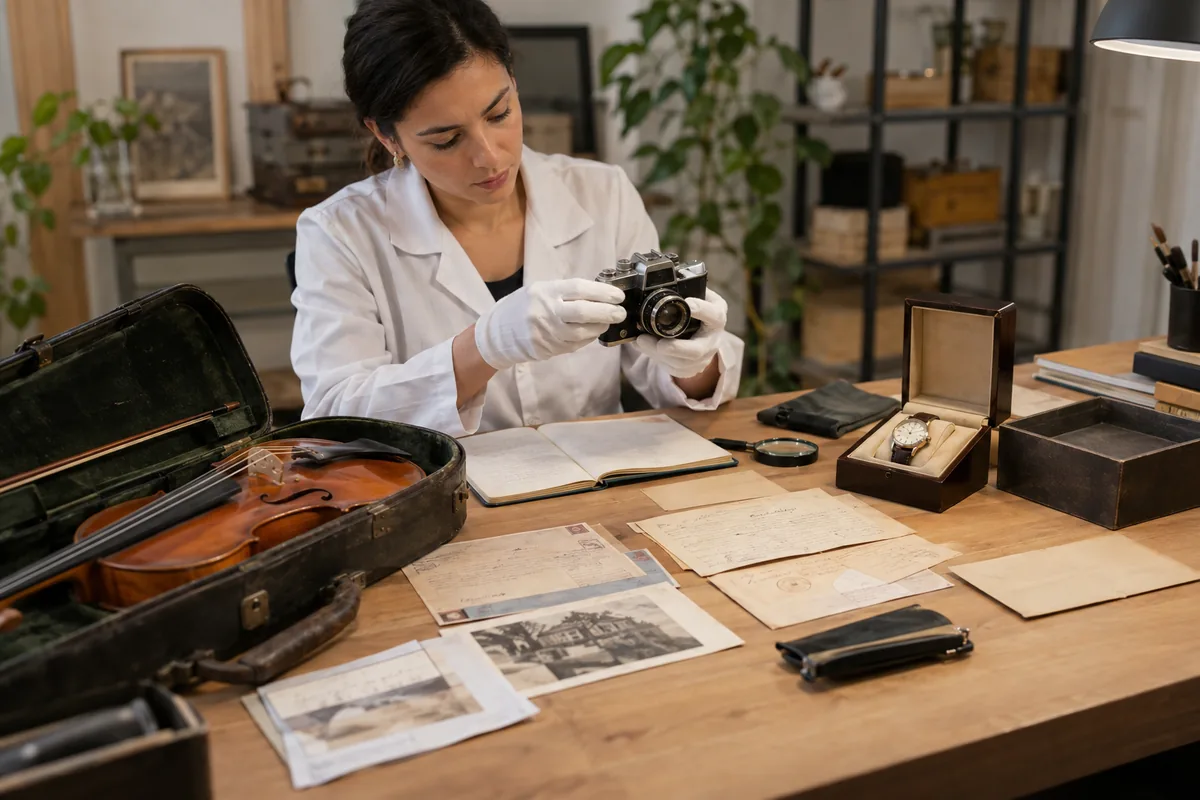Conservadora verifica câmera, violino, relógio e documentos de procedência