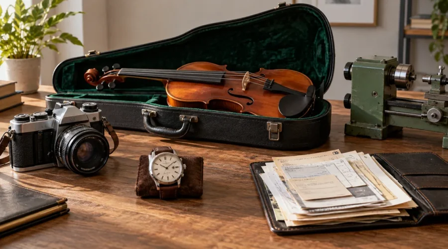Câmera, violino, relógio, máquina e recibos sobre mesa