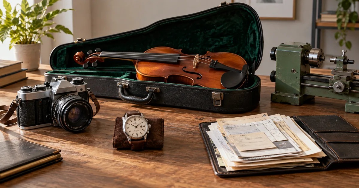 Câmera, violino, relógio, máquina e recibos sobre mesa