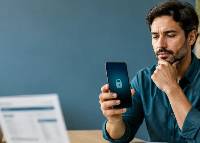 Pessoa observa ícone de bloqueio em aplicativo bancário