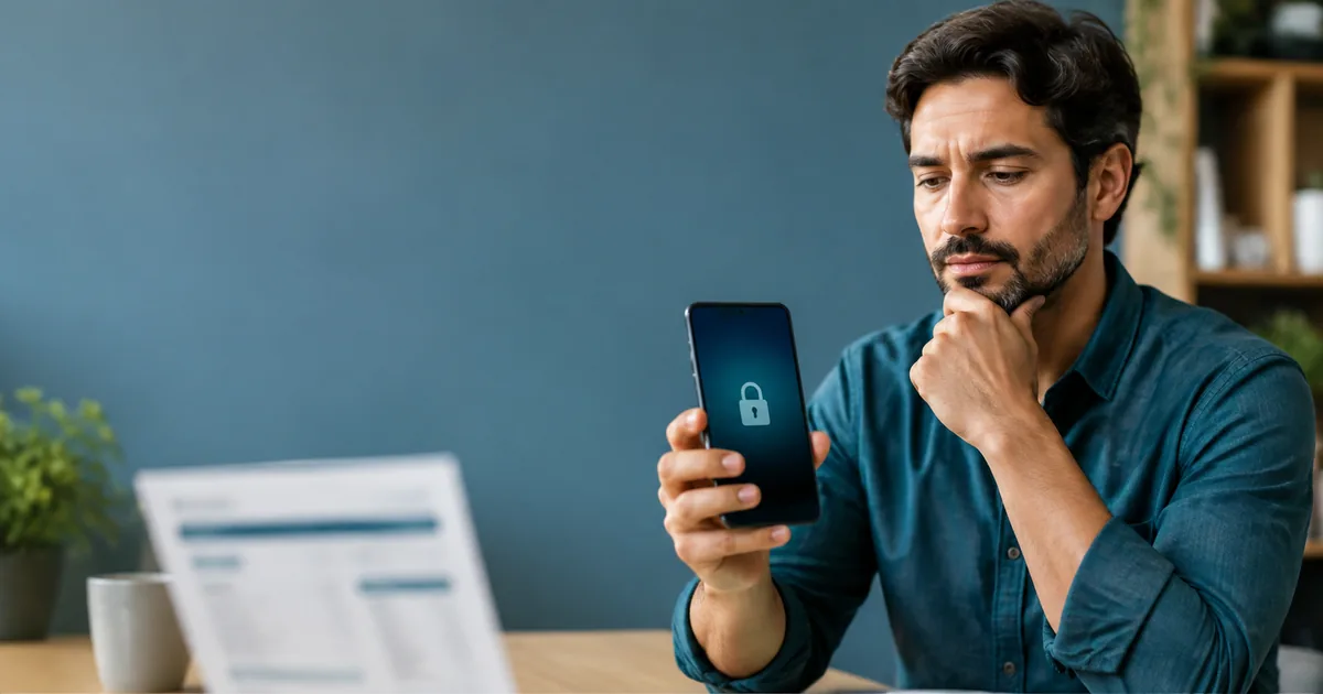Pessoa observa ícone de bloqueio em aplicativo bancário