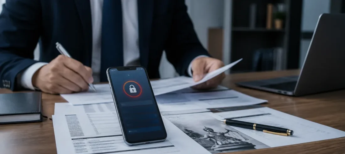 Advogado analisando bloqueio judicial de conta no celular