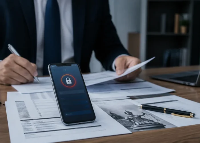 Advogado analisando bloqueio judicial de conta no celular