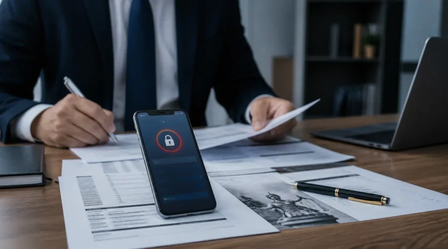 Advogado analisando bloqueio judicial de conta no celular