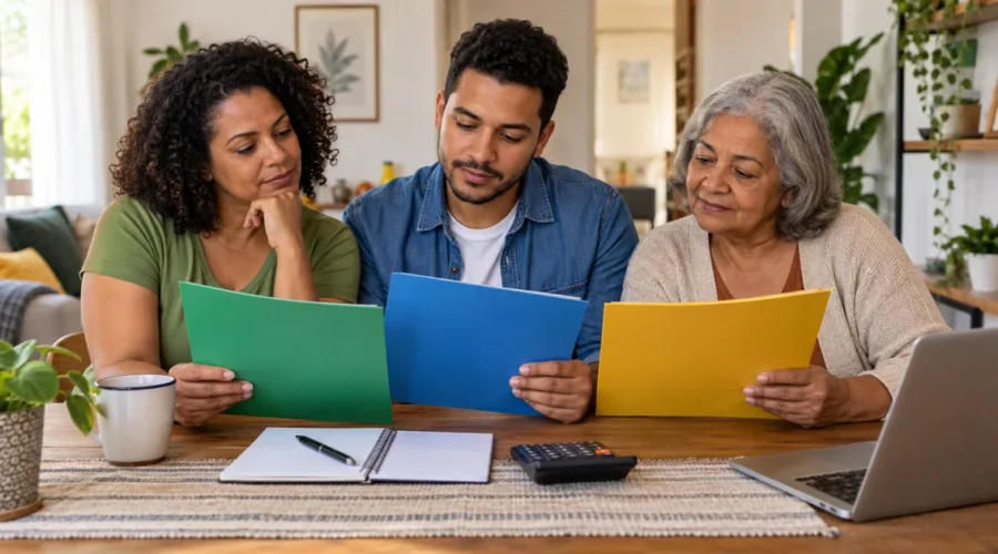 Família compara documentos de diferentes benefícios sociais