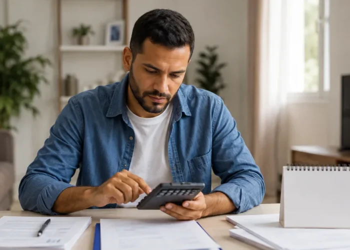 Trabalhador calcula verbas rescisórias com documentos e calendário