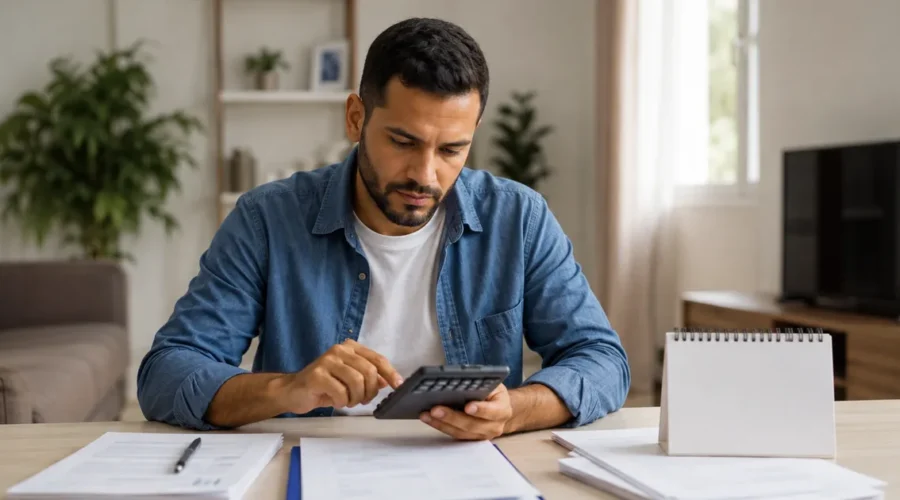 Trabalhador calcula verbas rescisórias com documentos e calendário