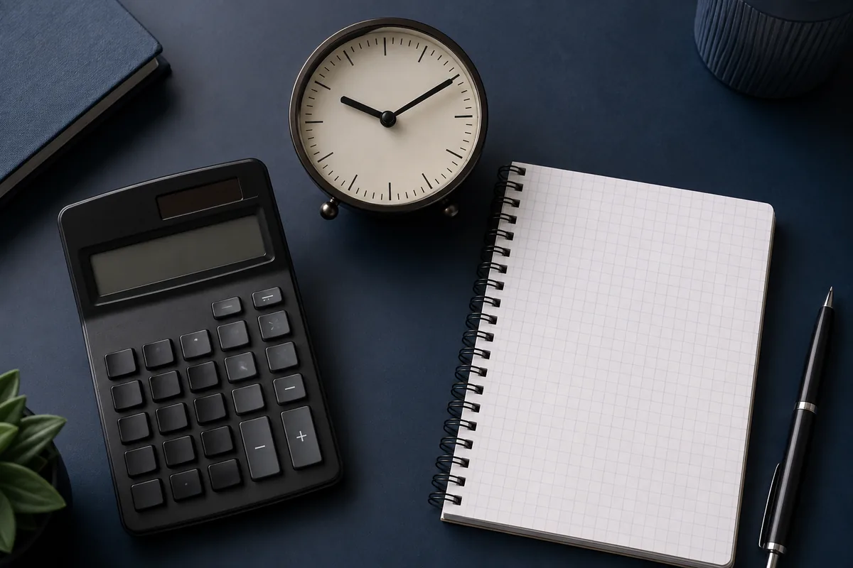 Calculadora, relógio e caderno para cálculo do adicional noturno
