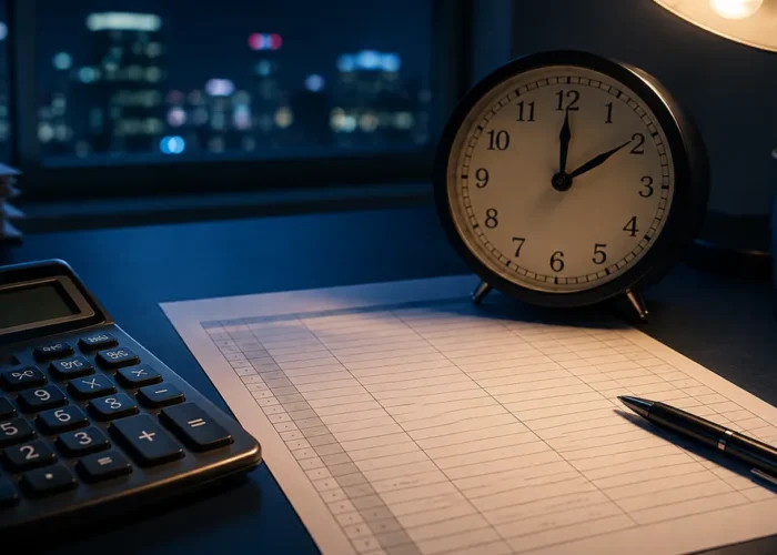 Relógio, calculadora e planilha para calcular trabalho noturno