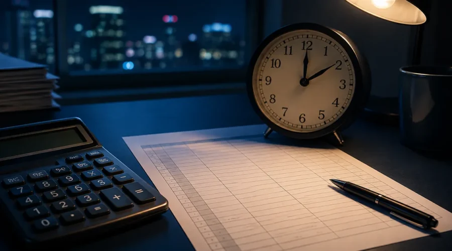 Relógio, calculadora e planilha para calcular trabalho noturno