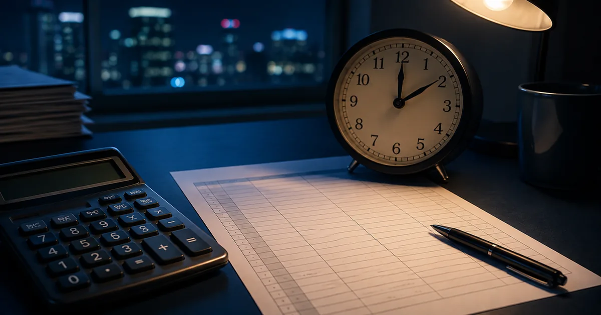 Relógio, calculadora e planilha para calcular trabalho noturno