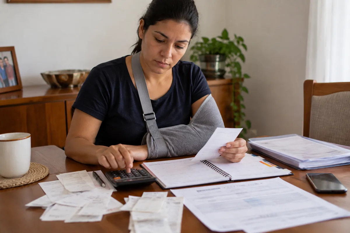 Trabalhadora organiza comprovantes de despesas após acidente