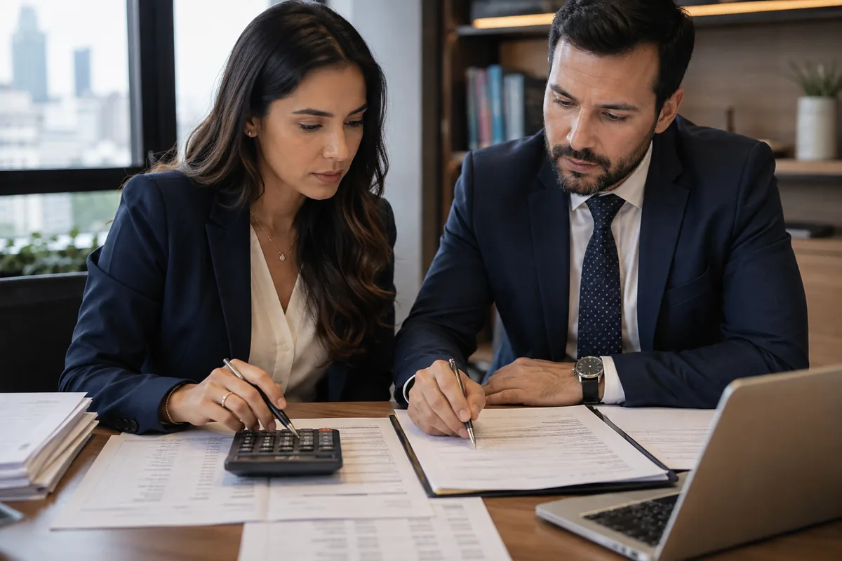 Profissionais conferem cálculo de rescisão contratual