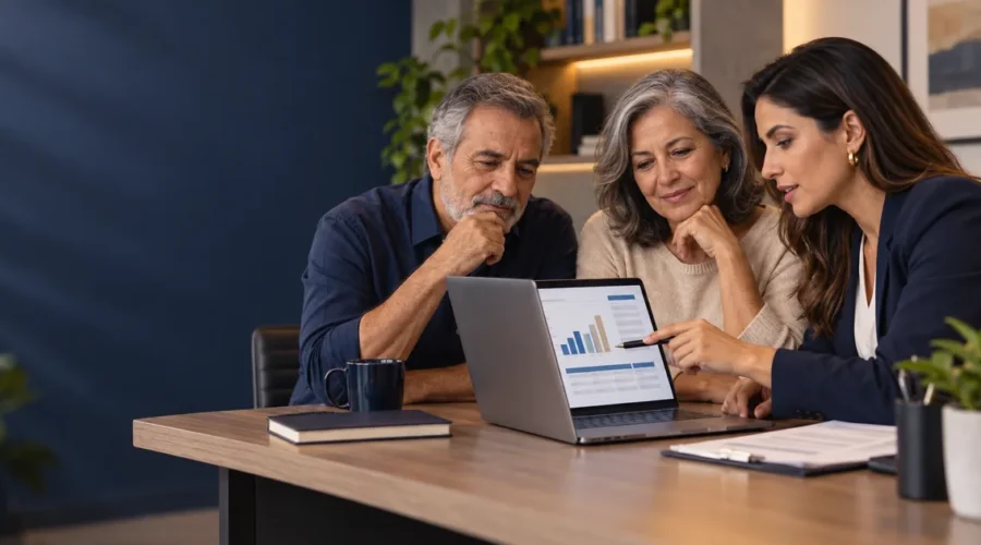 Casal e especialista analisam cálculo de benefício