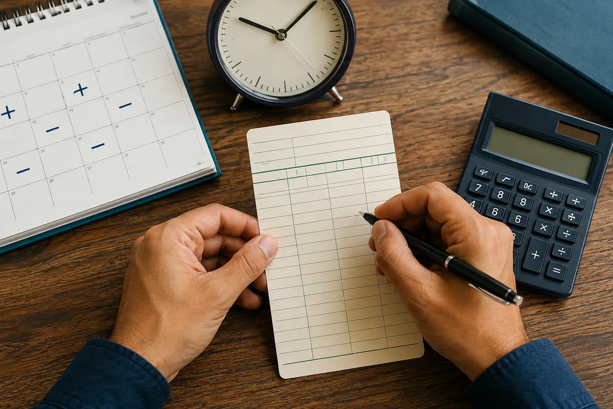 Mãos calculam créditos e débitos de horas