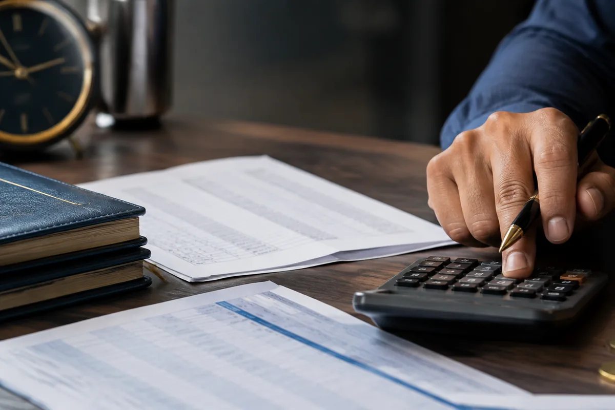 Mão calcula valor da hora extra com contracheque e relógio