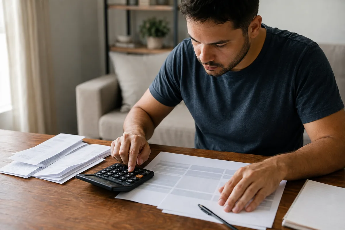 Trabalhador calcula as parcelas da rescisão com documentos e calculadora