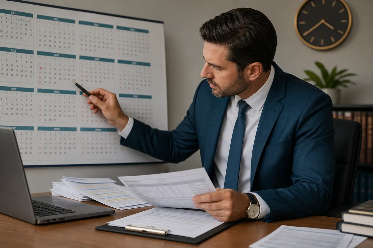 Profissional conferindo datas do contrato e prazo trabalhista