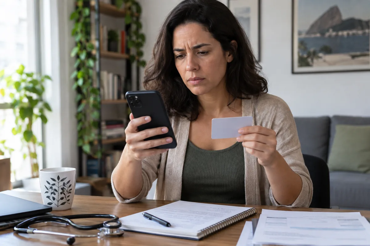 Beneficiária confere no celular o cancelamento do plano de saúde