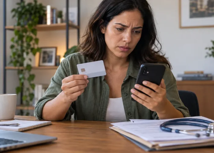 Consumidora verifica no celular o cancelamento inesperado do plano de saúde