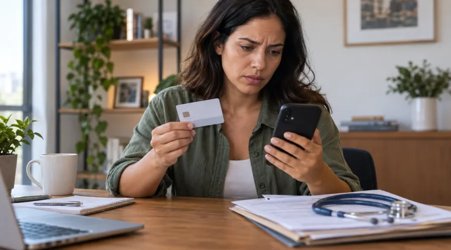 Consumidora verifica no celular o cancelamento inesperado do plano de saúde