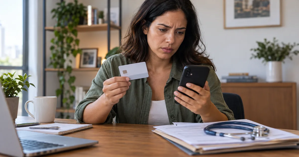 Consumidora verifica no celular o cancelamento inesperado do plano de saúde