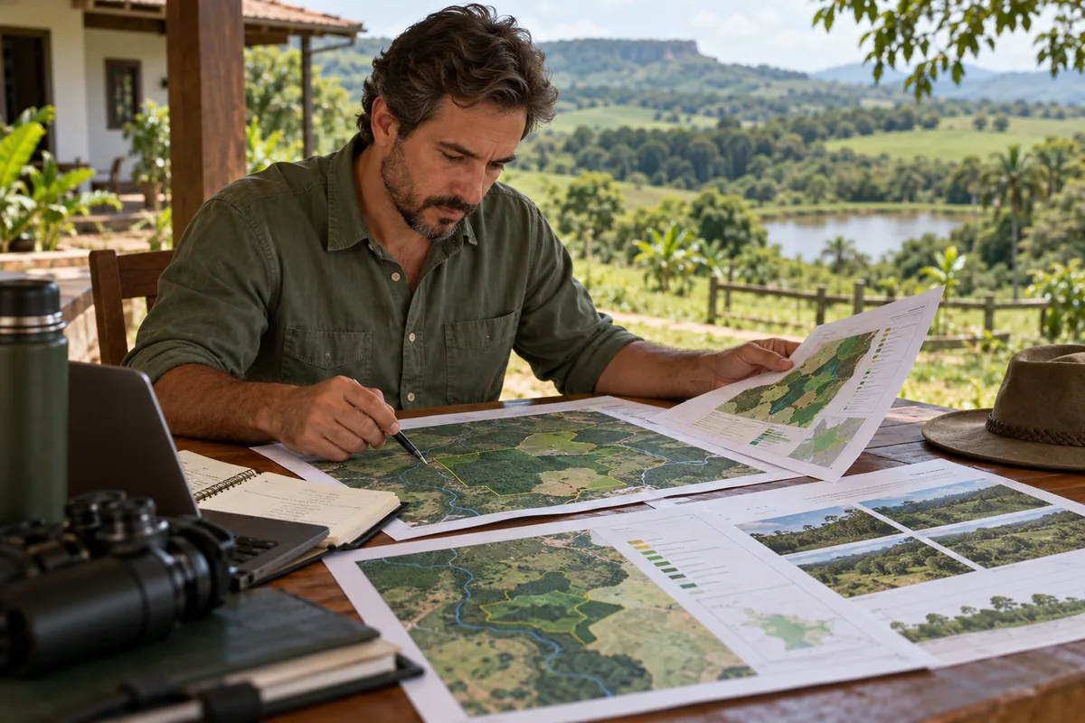 Produtor analisa mapas georreferenciados do imóvel rural