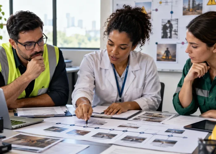 Equipe de saúde e segurança analisa cronologia de acidente de trabalho