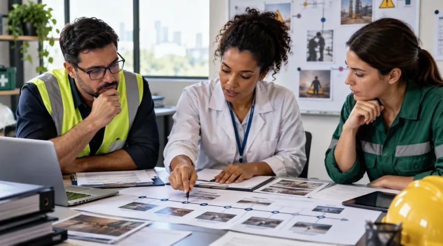 Equipe de saúde e segurança analisa cronologia de acidente de trabalho