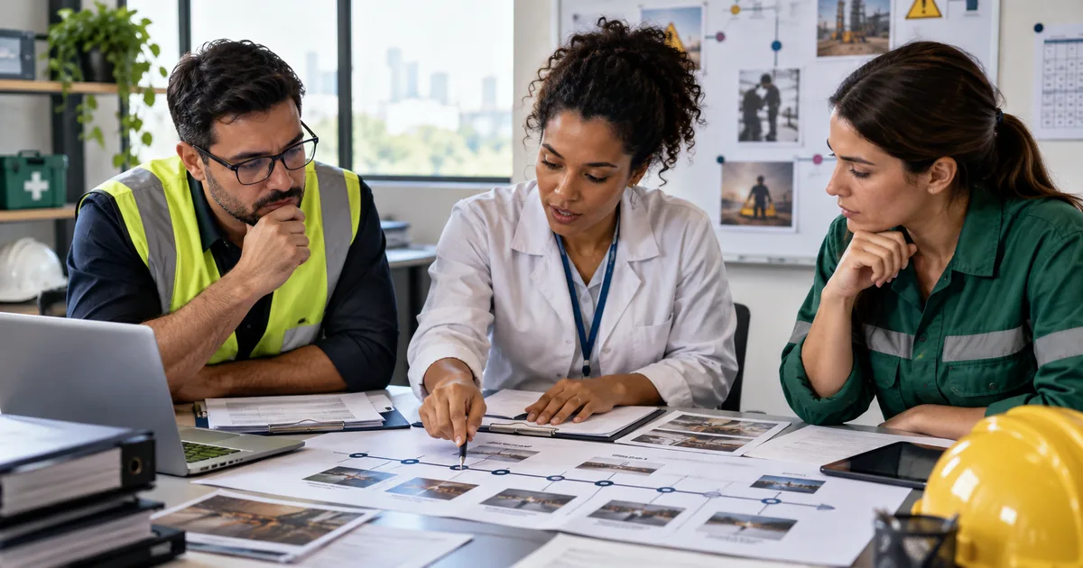 Equipe de saúde e segurança analisa cronologia de acidente de trabalho