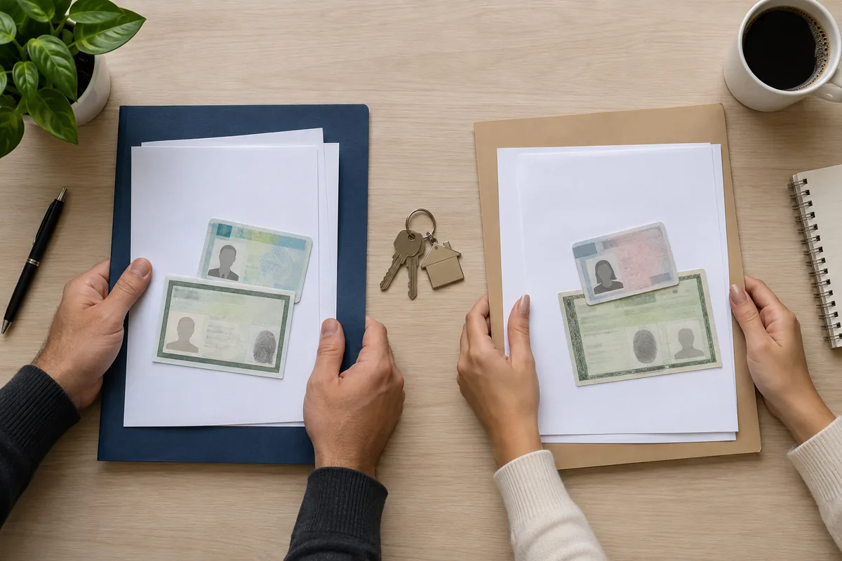 Duas pessoas com certidões e documentos civis organizados sobre a mesa