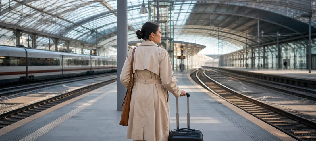 Viajante com mala em estação europeia com diferentes rotas