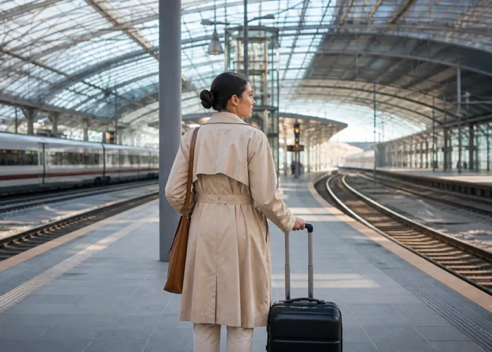 Viajante com mala em estação europeia com diferentes rotas