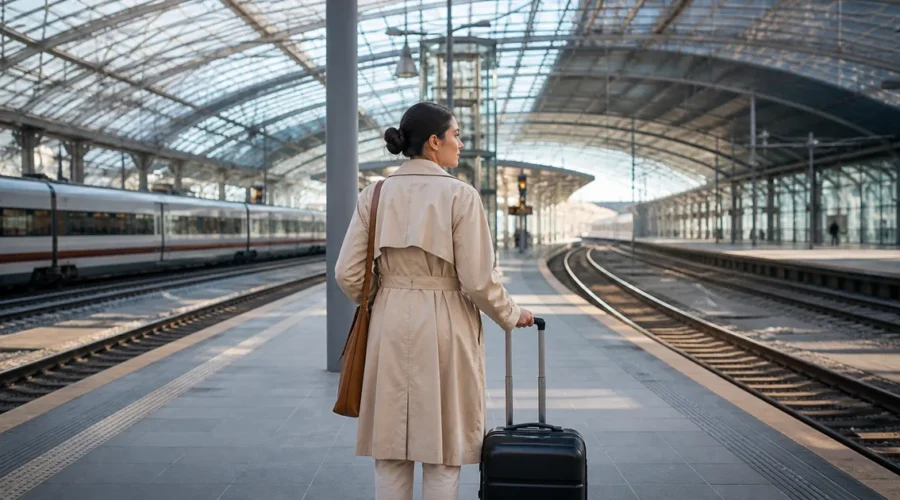 Viajante com mala em estação europeia com diferentes rotas