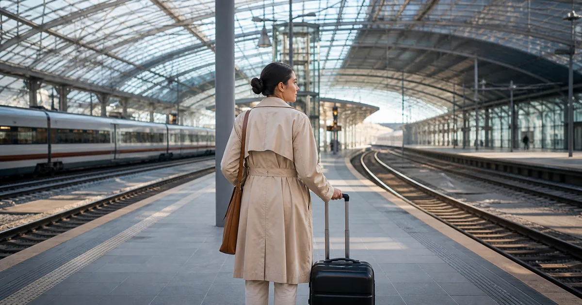 Viajante com mala em estação europeia com diferentes rotas