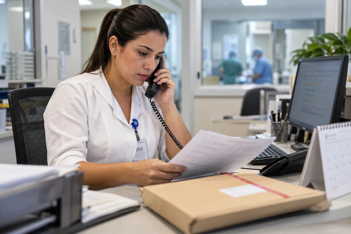 Profissional do hospital confere documentos de autorização da cirurgia