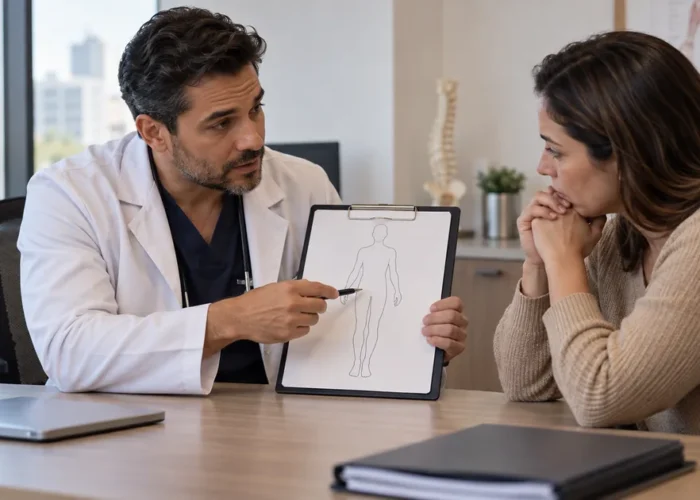 Cirurgião explica à paciente os próximos passos após cirurgia negada