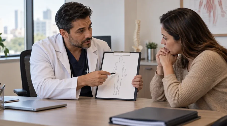 Cirurgião explica à paciente os próximos passos após cirurgia negada