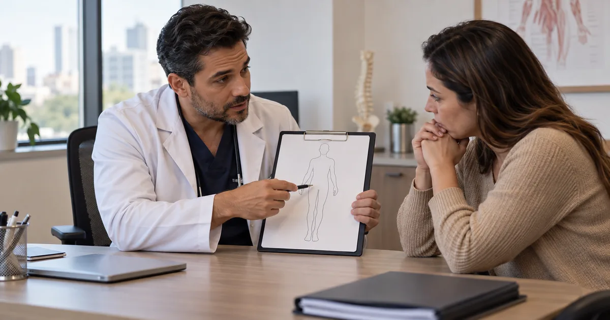 Cirurgião explica à paciente os próximos passos após cirurgia negada