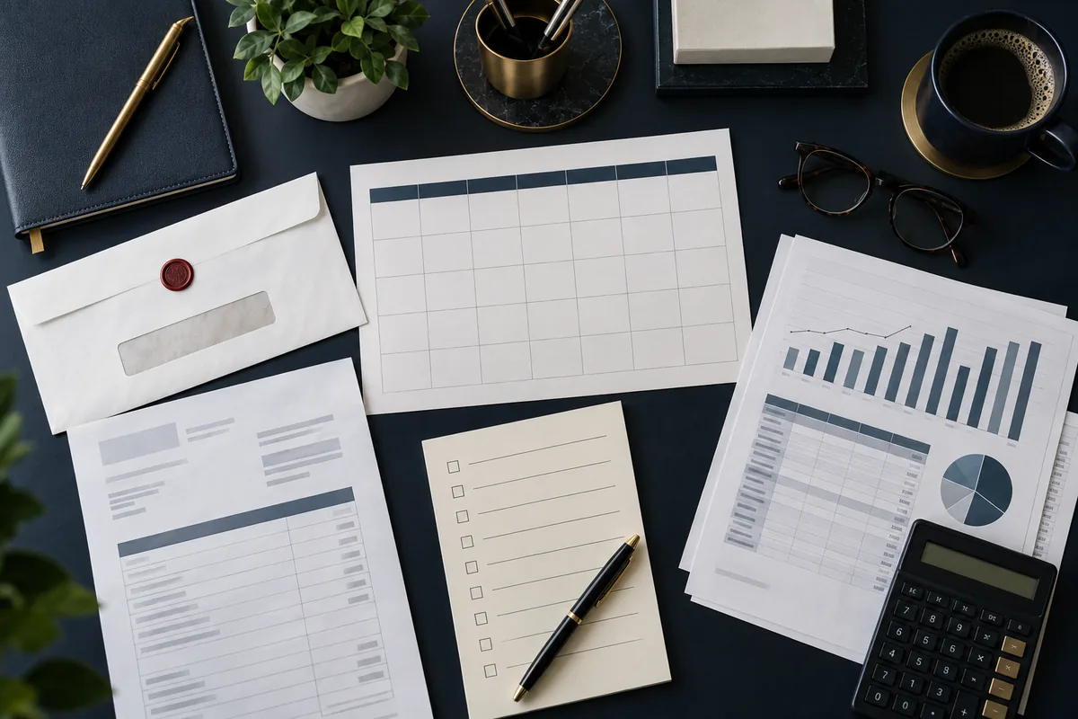 Calendário, envelope, checklist e dados financeiros organizam resposta fiscal