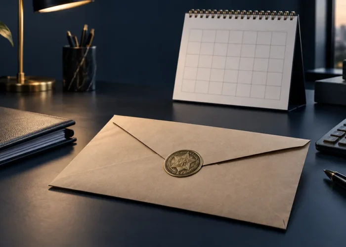 Envelope de citação, calendário e calculadora para primeiros passos fiscais