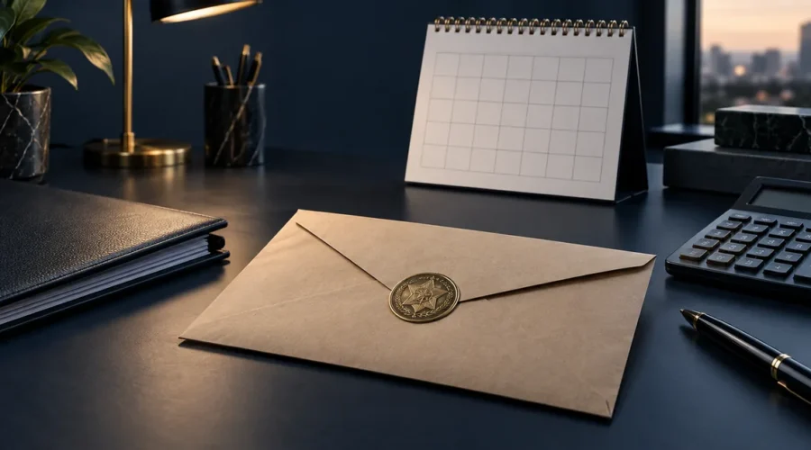 Envelope de citação, calendário e calculadora para primeiros passos fiscais
