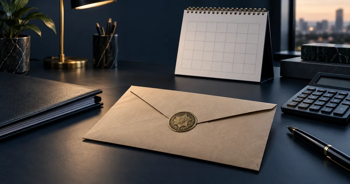 Envelope de citação, calendário e calculadora para primeiros passos fiscais