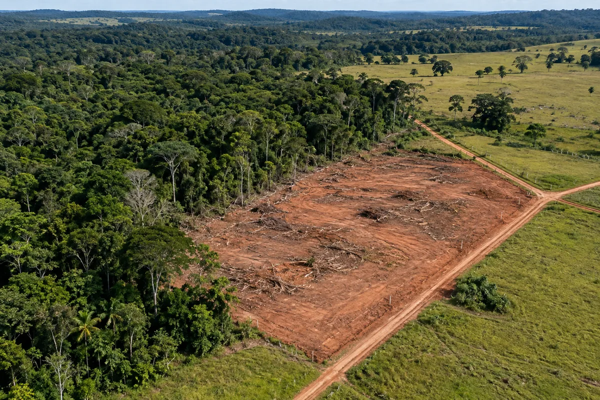 Clareira recente na borda de vegetação nativa vista por drone
